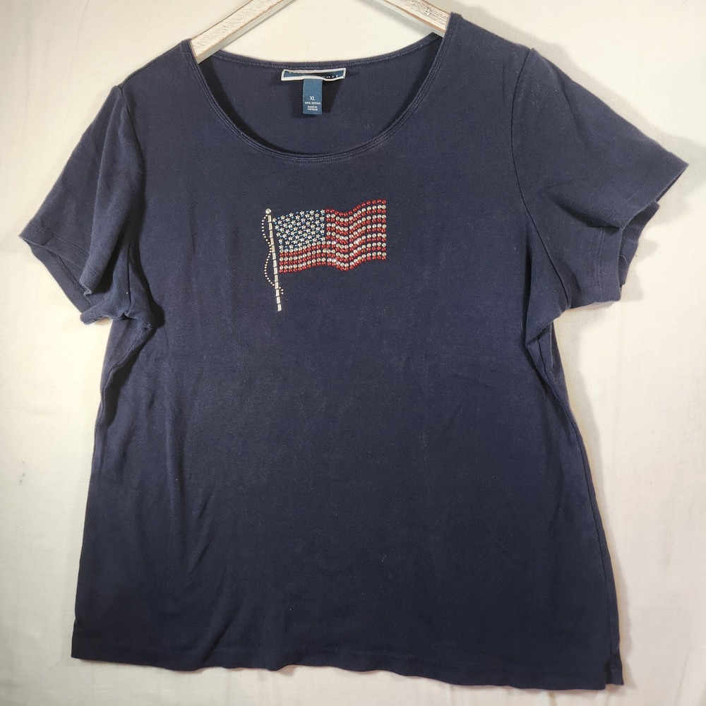 Karen Scott Womens XL Navy Blue American Flag Rhinestone Short Sleeve Cotton Tee